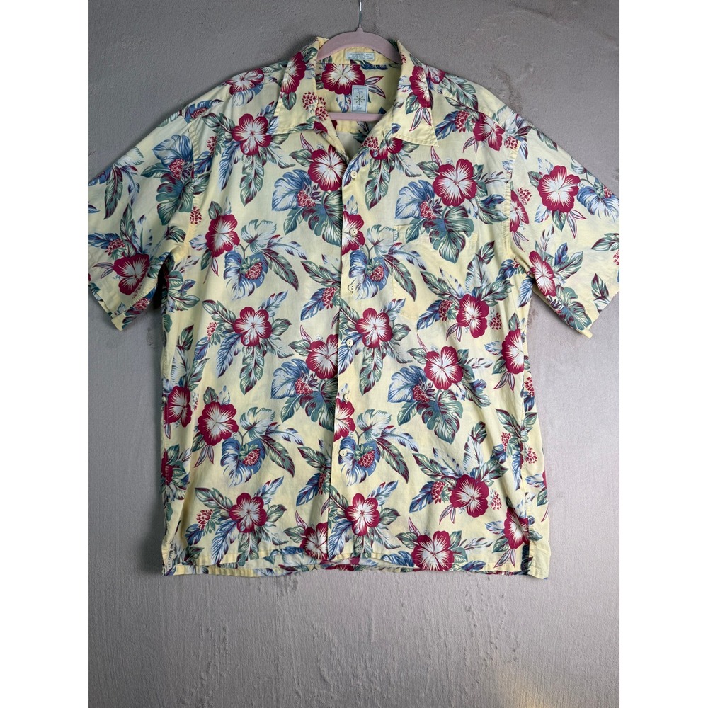 Burma Bibas Mens XL Cotton‎ Lawn Tropical Hibiscus Floral Camp Shirt Yellow Red